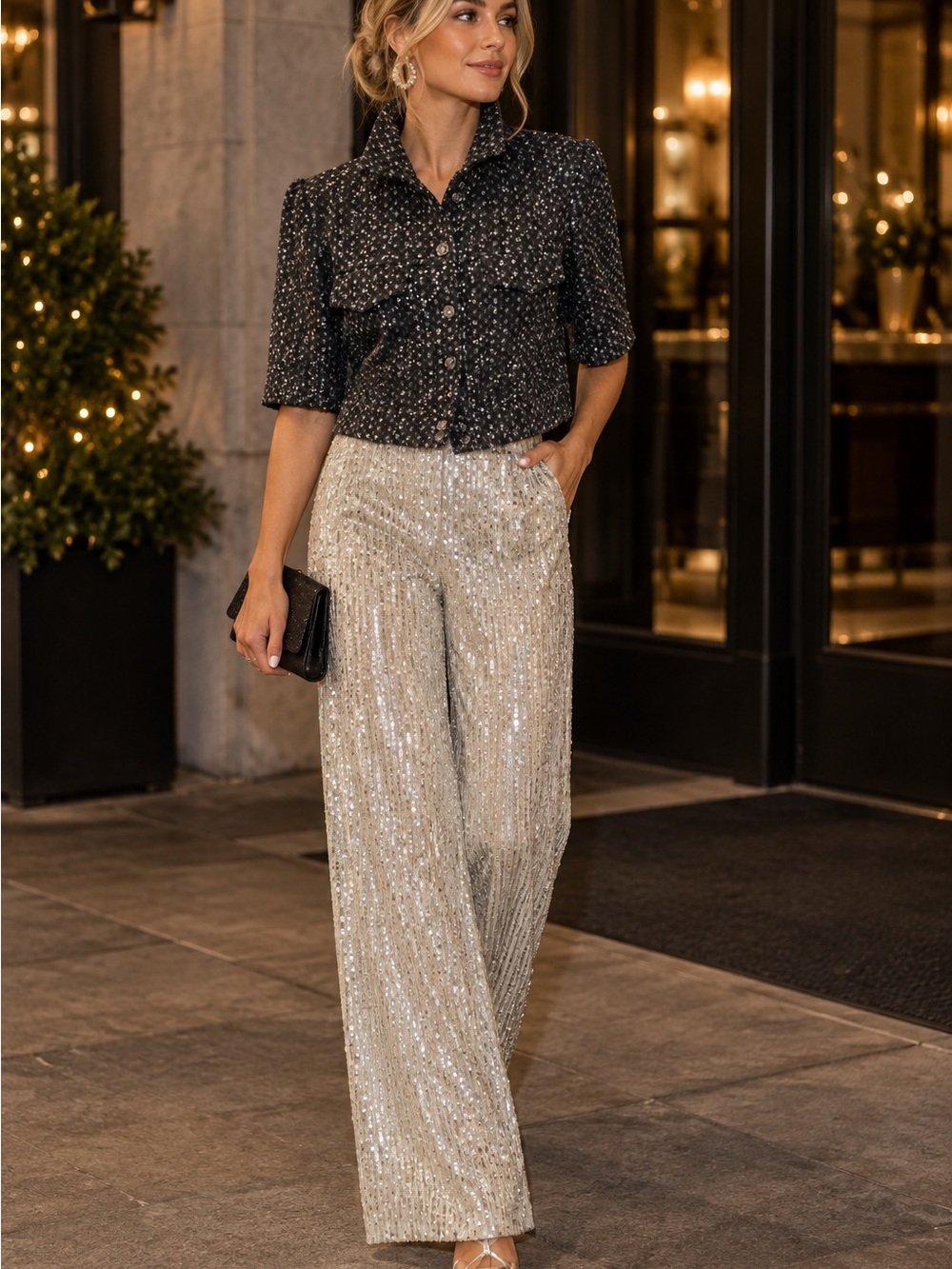 Sequin Wide-Leg Pants in Silver - Women